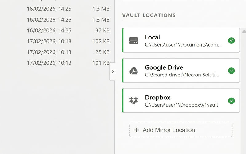 Necron Vault Manager vault locations panel showing multiple cloud providers with sync status