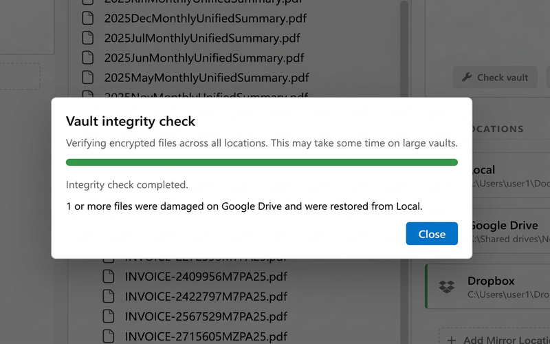 Necron Vault Manager vault integrity check with health statistics