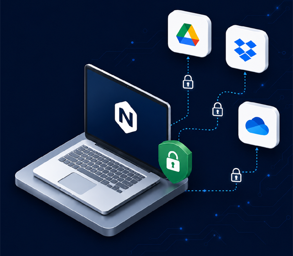 Necron laptop encrypting files before syncing to Google Drive, Dropbox, and OneDrive with locked padlock indicators on each connection